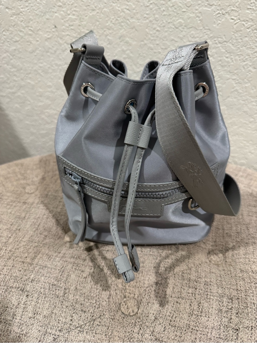 Longchamp Le Pilage Neo Grey Drawstring Bucket Bag